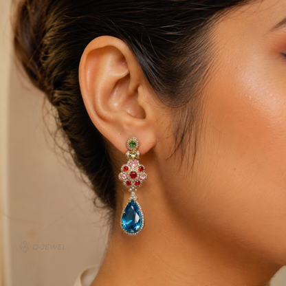 Designer Royal Blue Halo Crystal Tassel Cocktail Earrings