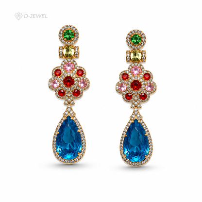 Designer Royal Blue Halo Crystal Tassel Cocktail Earrings