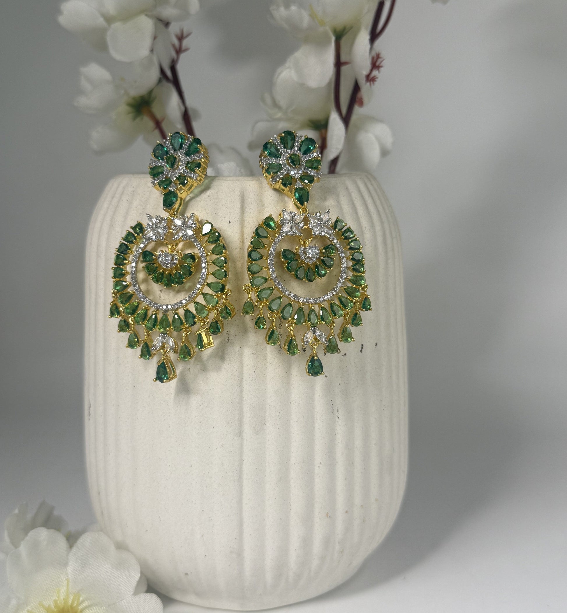 Emerald Green Crystal Chandbali Earrings for Festive Glam