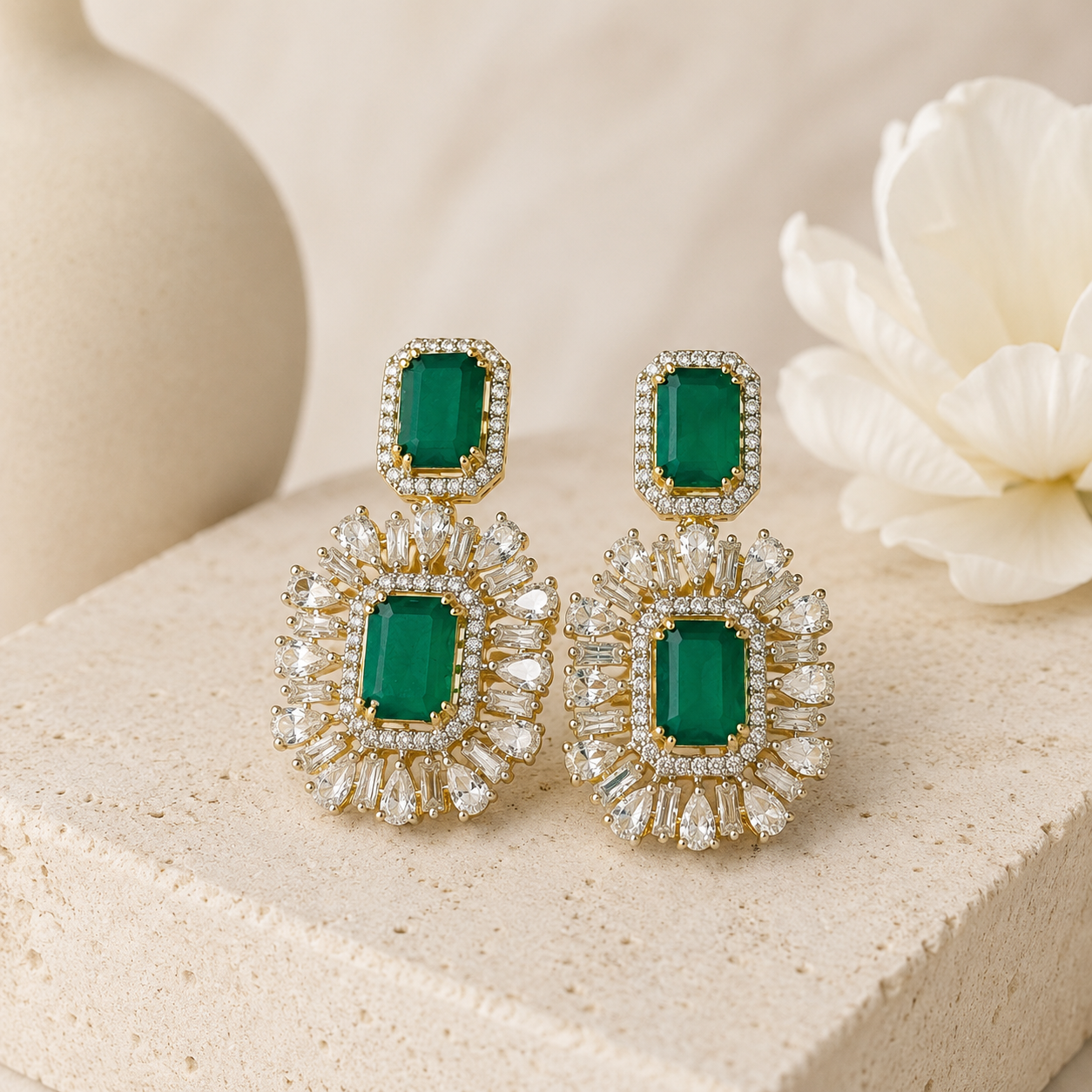 Emerald Green Crystal Halo Stud Earrings Gold Plated