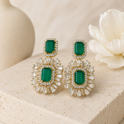Emerald Green Crystal Halo Stud Earrings Gold Plated