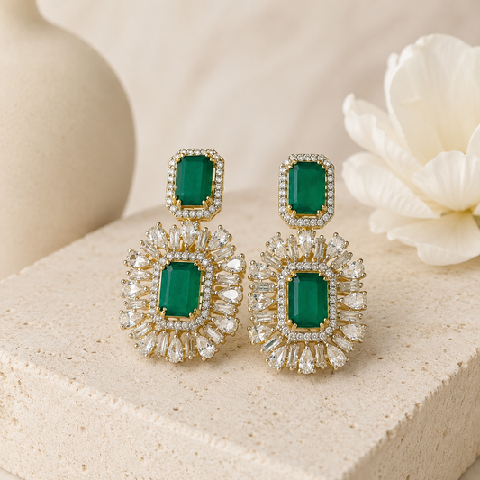 Emerald Green Crystal Halo Stud Earrings Gold Plated