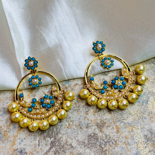 Firoza Turquoise Floral Bali Hoop Earrings Gold Plated