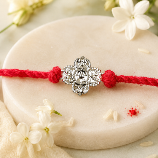 Floral Handcrafted 92.5 Silver Rakhi with Red Thread