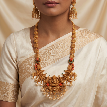 Antique Temple Lakshmi Necklace Set with Pearl Jhumka Earrings