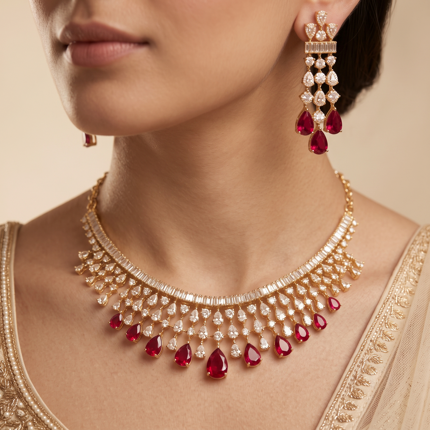 Red & White Chandelier Necklace Set with Drop Earrings