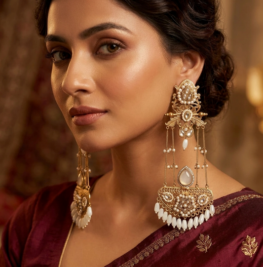 White Crystal Kashmiri Floral Chandelier Earrings