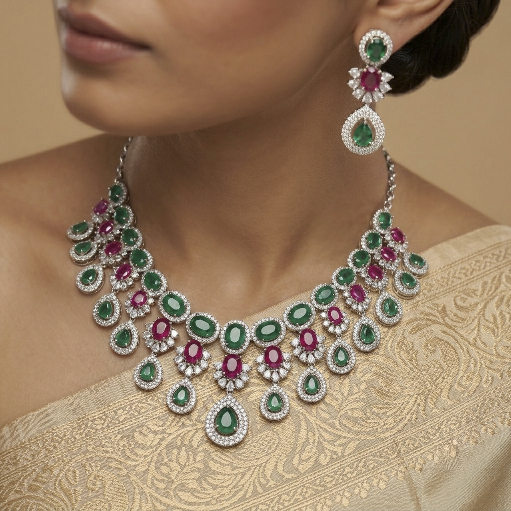 Emerald Green & Ruby Red Rhodium Necklace Set