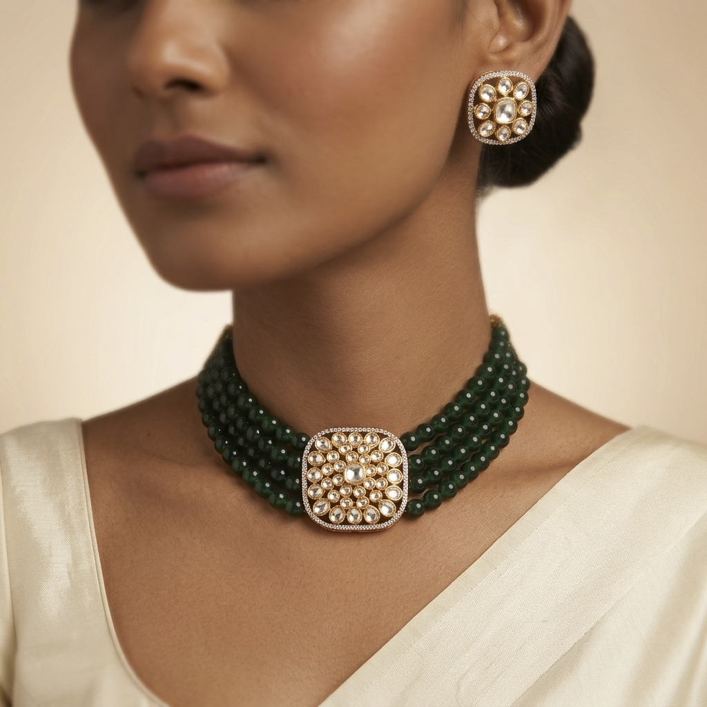 Green Beaded Kundan Choker Necklace Set with Stud Earrings