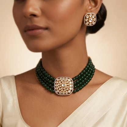 Green Beaded Kundan Choker Necklace Set with Stud Earrings