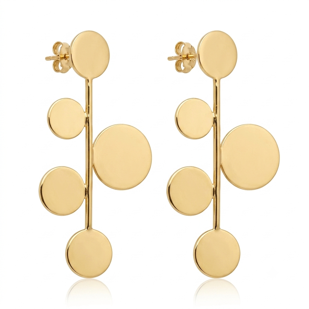 Abstract Gold Drop Earrings with Floating Disc Design