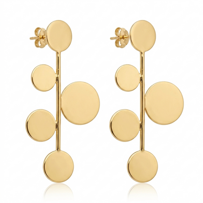 Abstract Gold Drop Earrings with Floating Disc Design