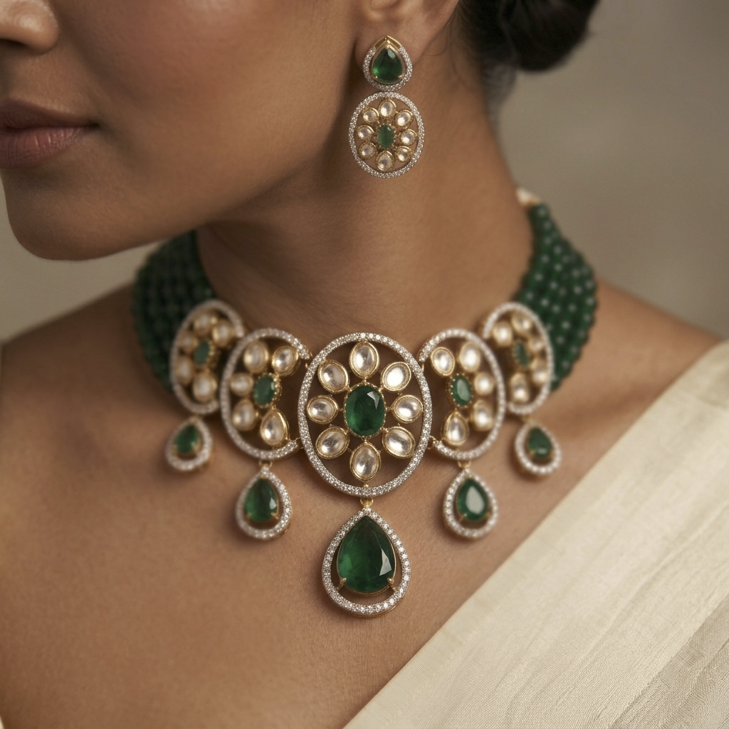 Green Beaded Kundan Choker Necklace Set with Drop Earrings