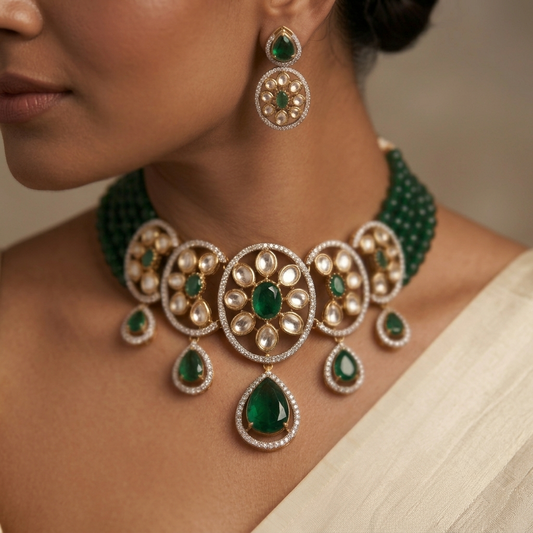 Green Beaded Kundan Choker Necklace Set with Drop Earrings