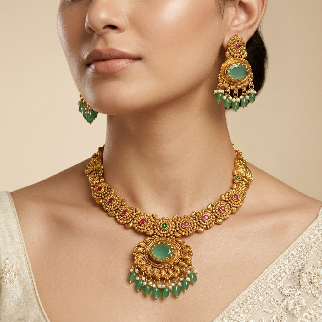 Green Stone Traditional Necklace Set with Drop Earrings