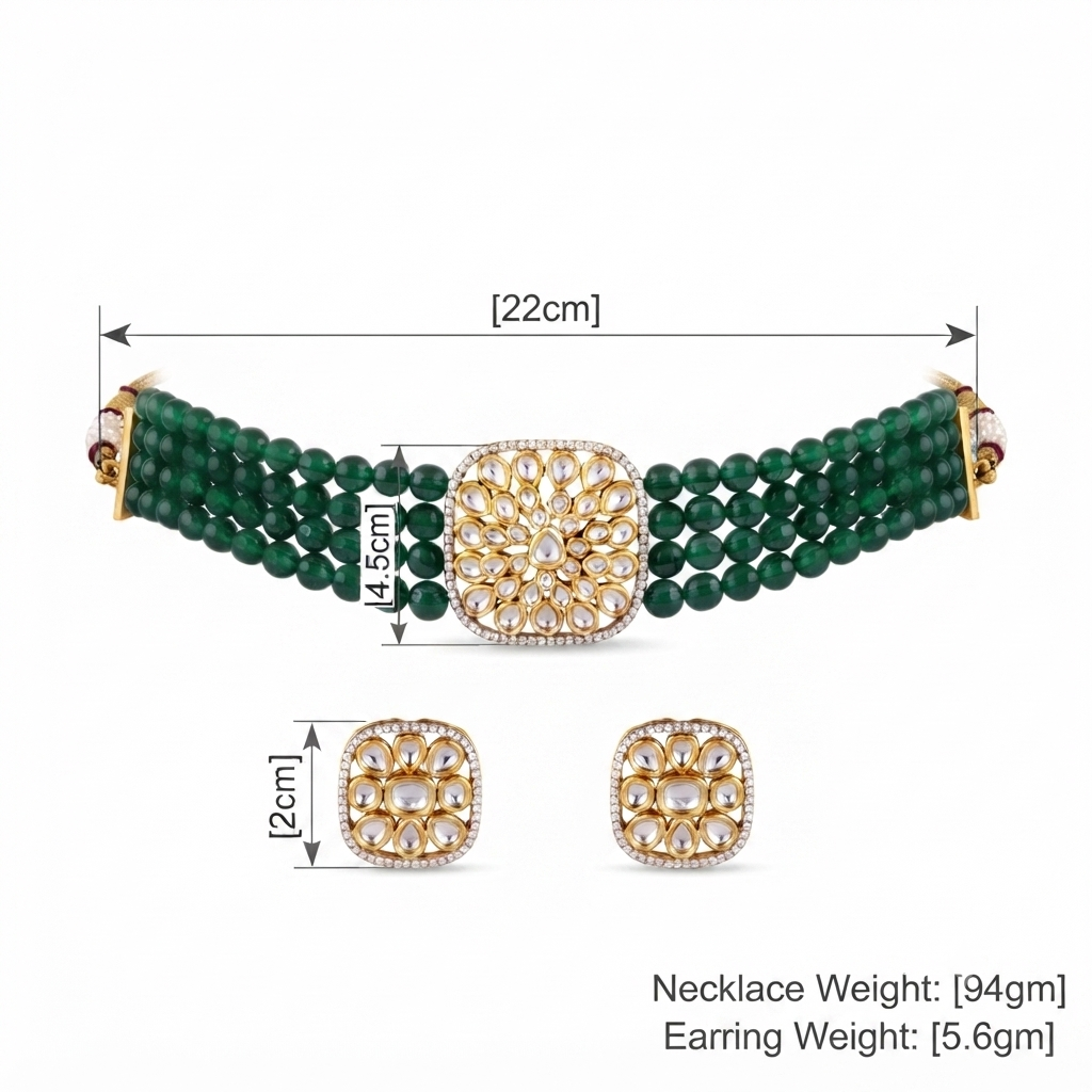 Green Beaded Kundan Choker Necklace Set with Stud Earrings