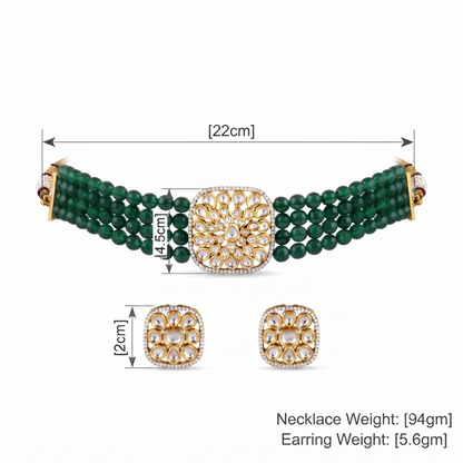Green Beaded Kundan Choker Necklace Set with Stud Earrings