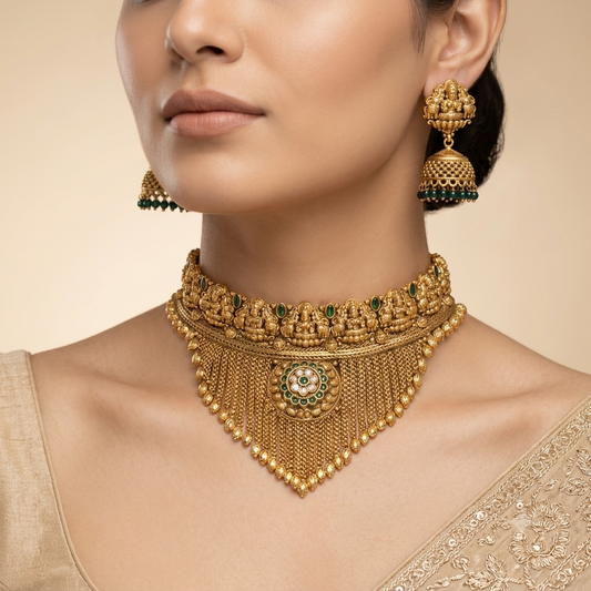 Antique Gold Temple Choker Necklace Set with Jhumka Earrings