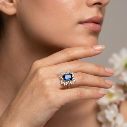 Royal Blue Sapphire Floral Halo Statement Ring