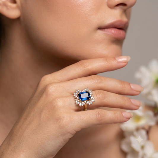 Royal Blue Sapphire Floral Halo Statement Ring