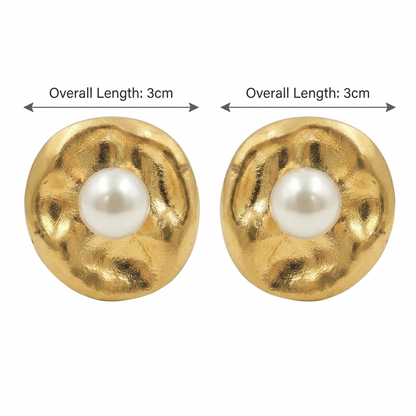 Bold 22KT Gold-Plated Pearl Centre Hammered Stud Earrings