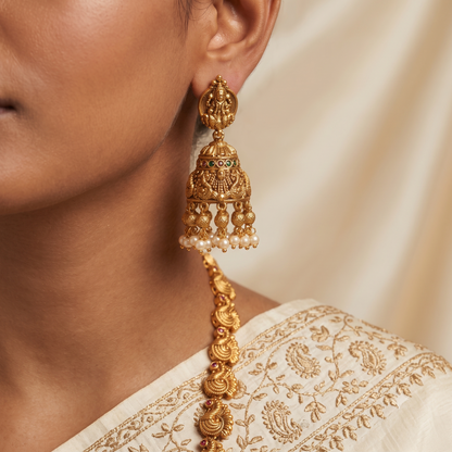 Antique Temple Lakshmi Necklace Set with Pearl Jhumka Earrings