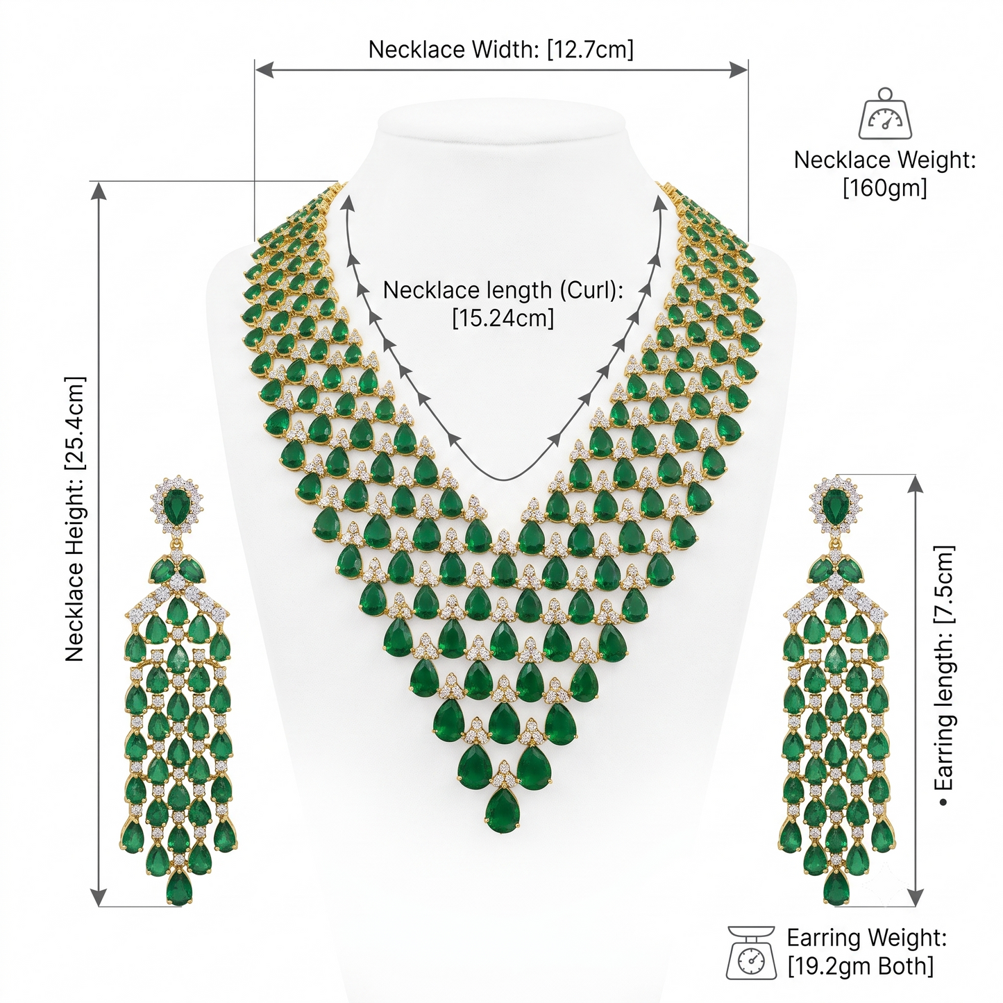 Green Pear Stone Long Necklace Set with Drop Earrings
