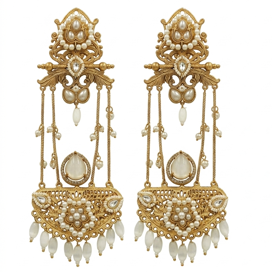 Glam White Crystal Gold-Plated Kashmiri Chandelier Earrings