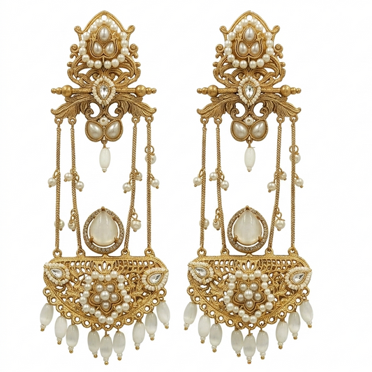 Glam White Crystal Gold-Plated Kashmiri Chandelier Earrings