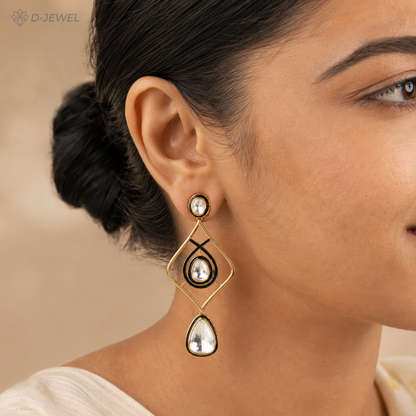 Green White Kundan Fashion Earrings with Enamel Detailing