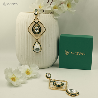 Green White Kundan Fashion Earrings with Enamel Detailing