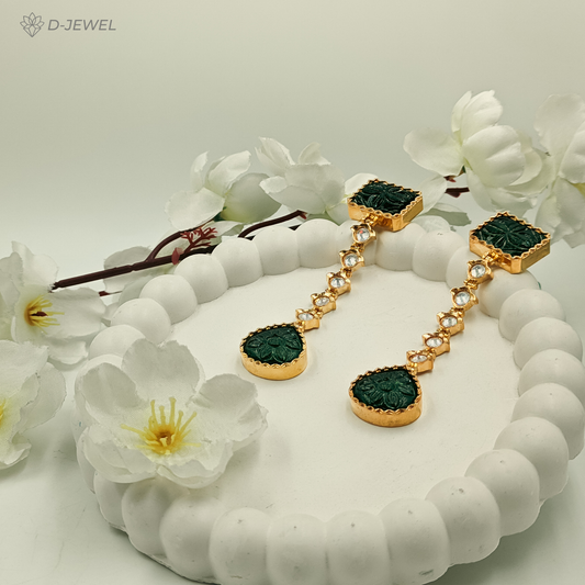 Green Carved Stone Gold Drop Earrings for Festive Glam
