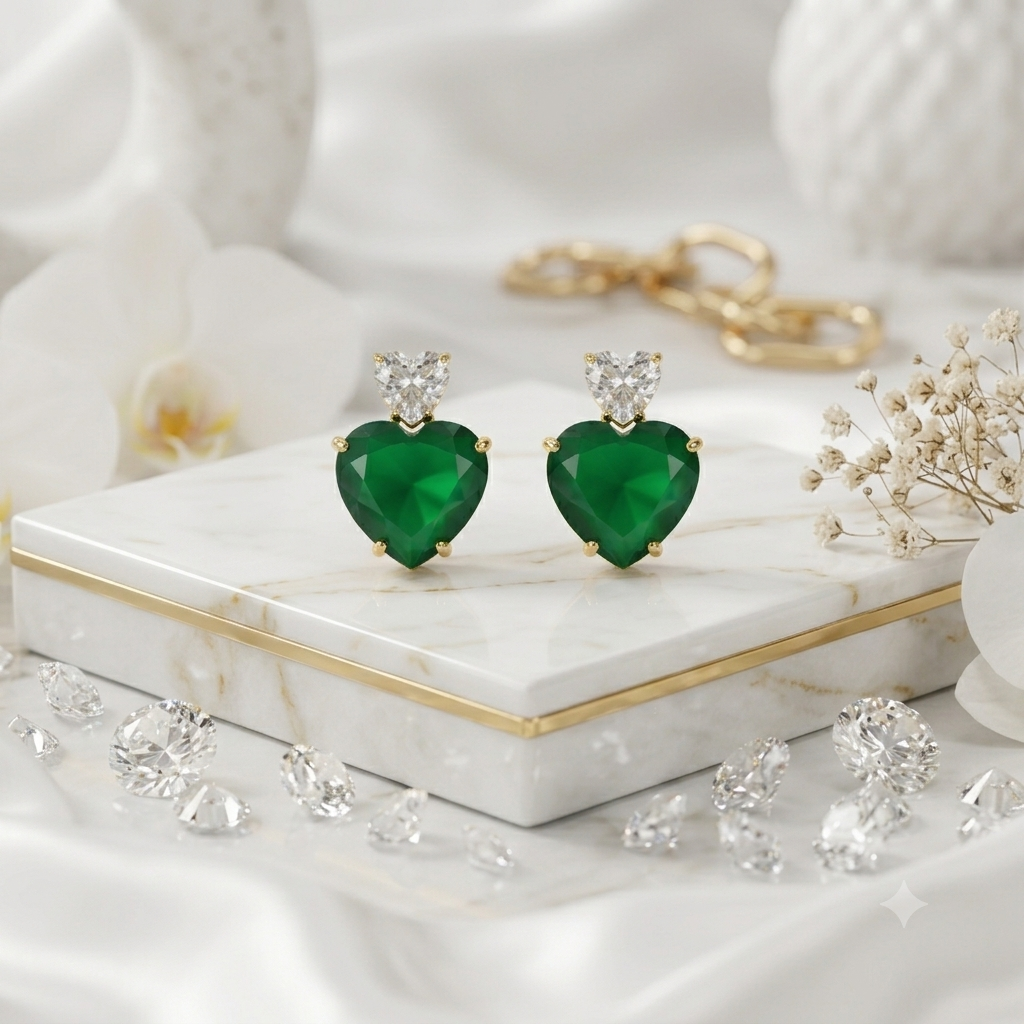 Green Emerald Heart Stud Earrings in Gold Plated Finish