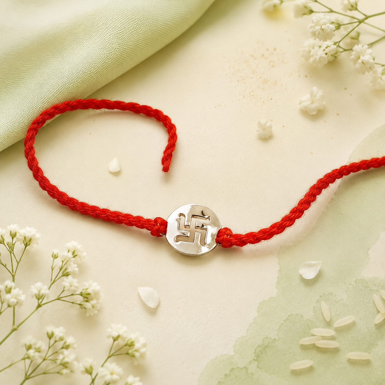Handcrafted 92.5 Silver Swastik Rakhi with Red Thread