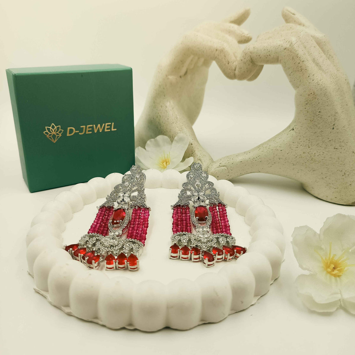 Designer Red Beaded Chandelier Earrings