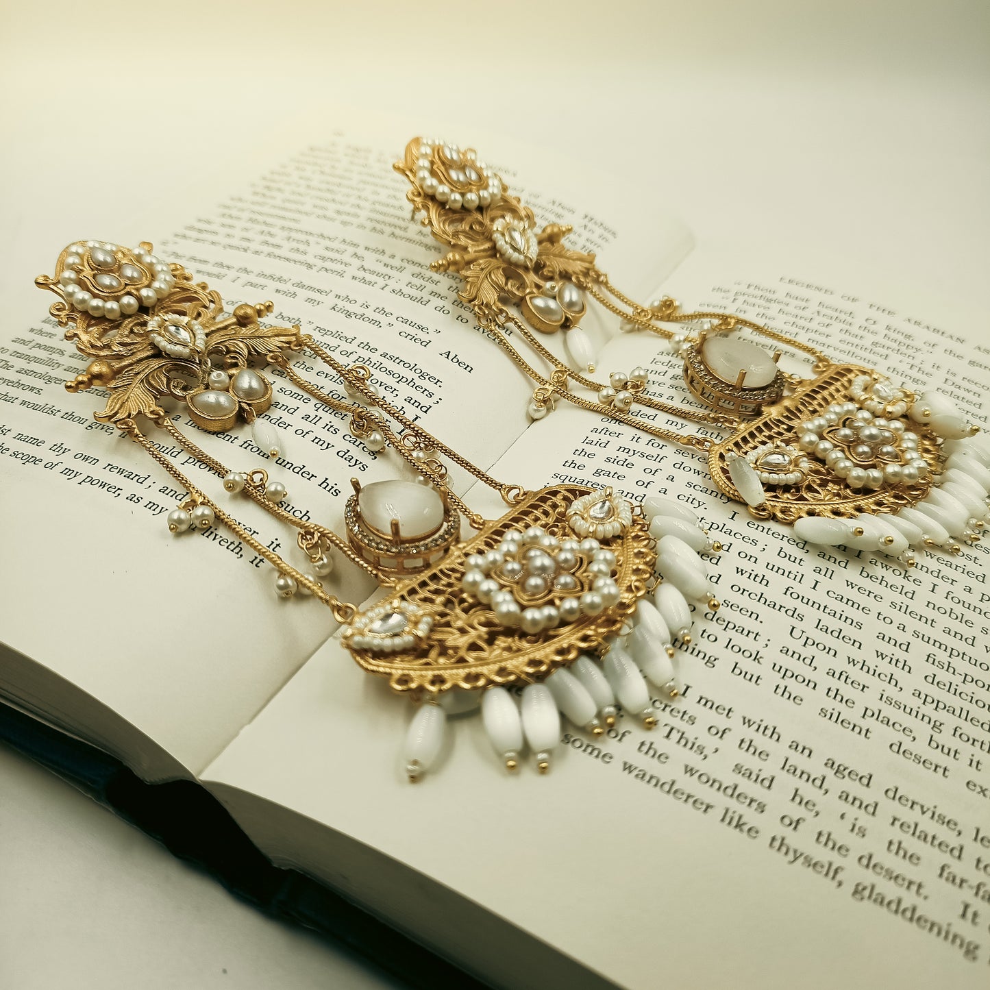 White Crystal Kashmiri Floral Chandelier Earrings