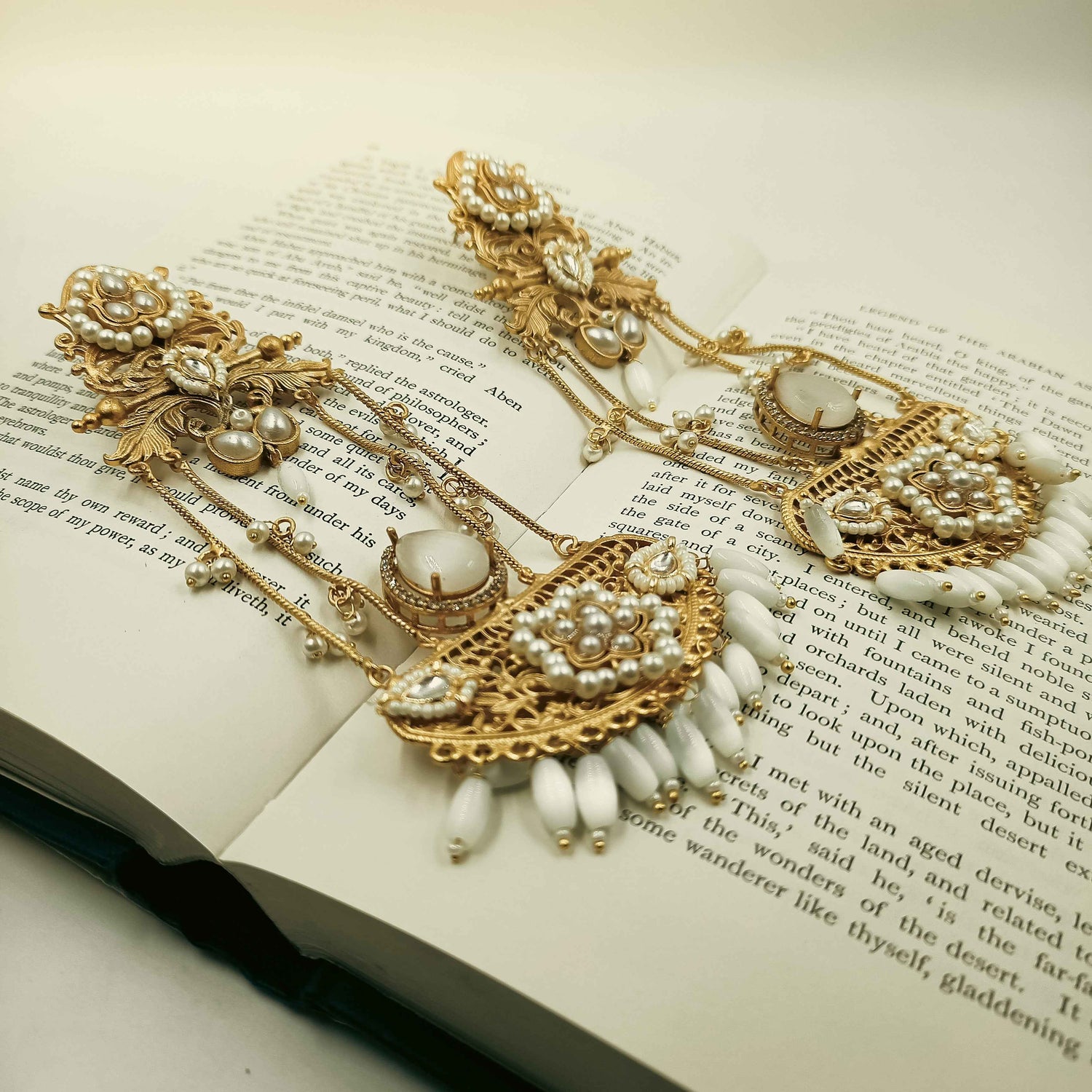 White Crystal Kashmiri Floral Chandelier Earrings