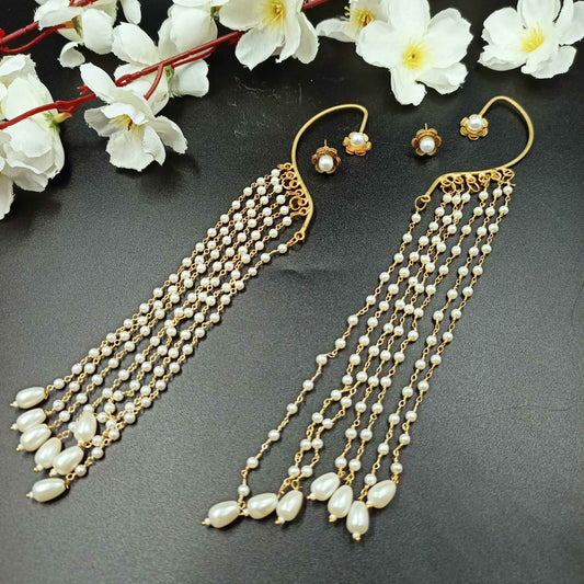 22KT Gold Pearl Tassel Ear Cuff Chain Earrings with Studs