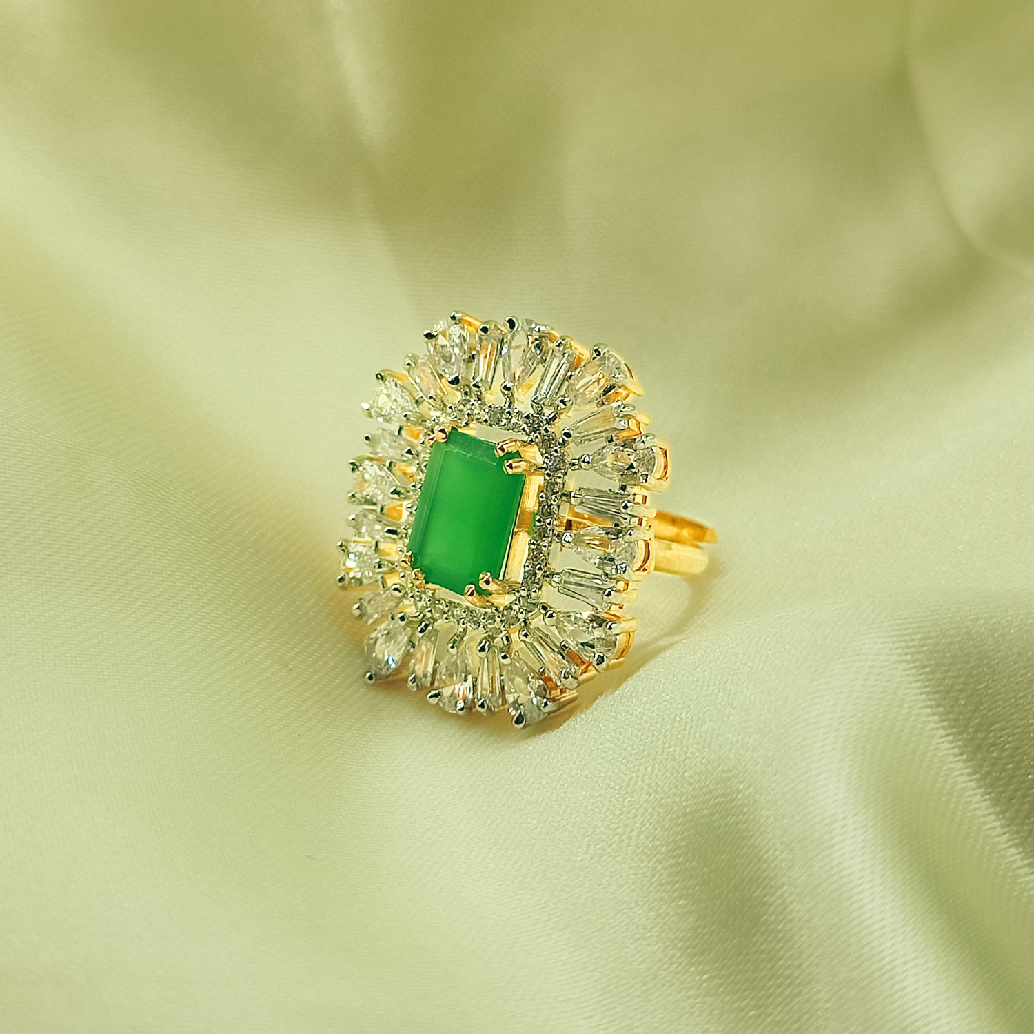 Green Baguette Floral Halo Statement Ring