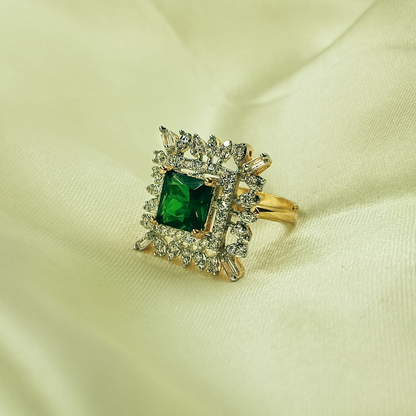 Square green cocktail ring with mixed clear halo and gold-tone band