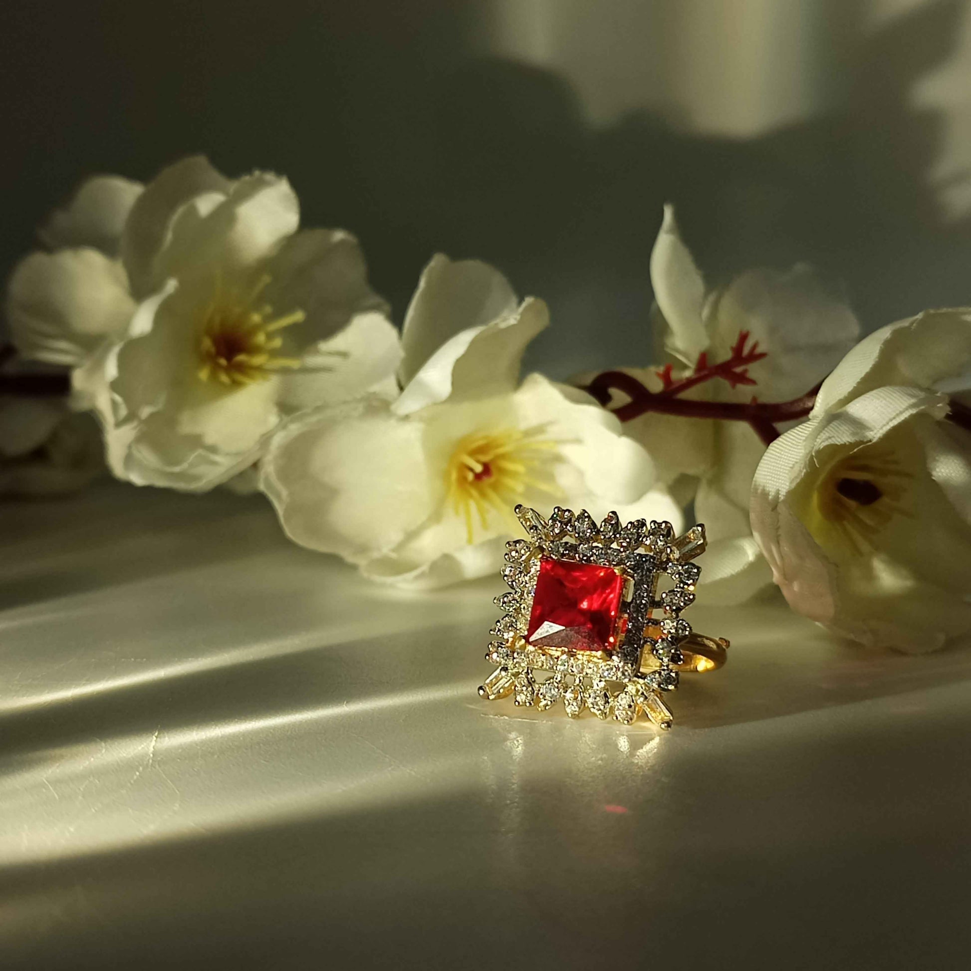 Square Cut Red Statement Cocktail Ring