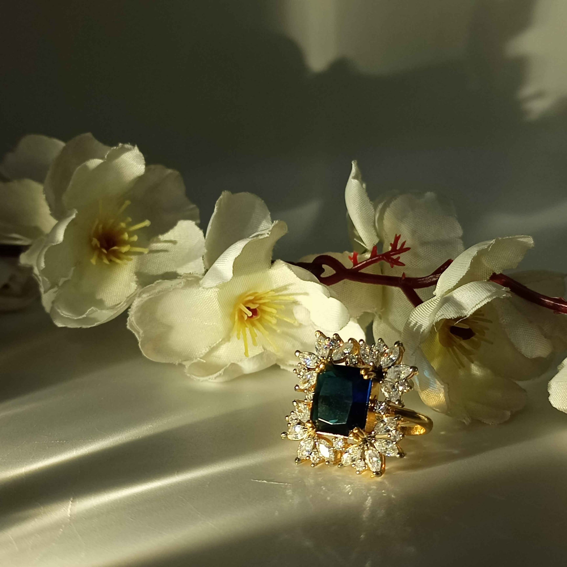 Royal Blue Sapphire Floral Halo Statement Ring