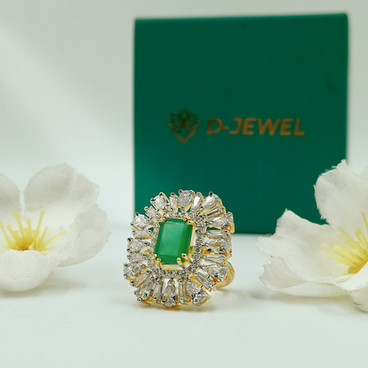 Green Baguette Floral Halo Statement Ring