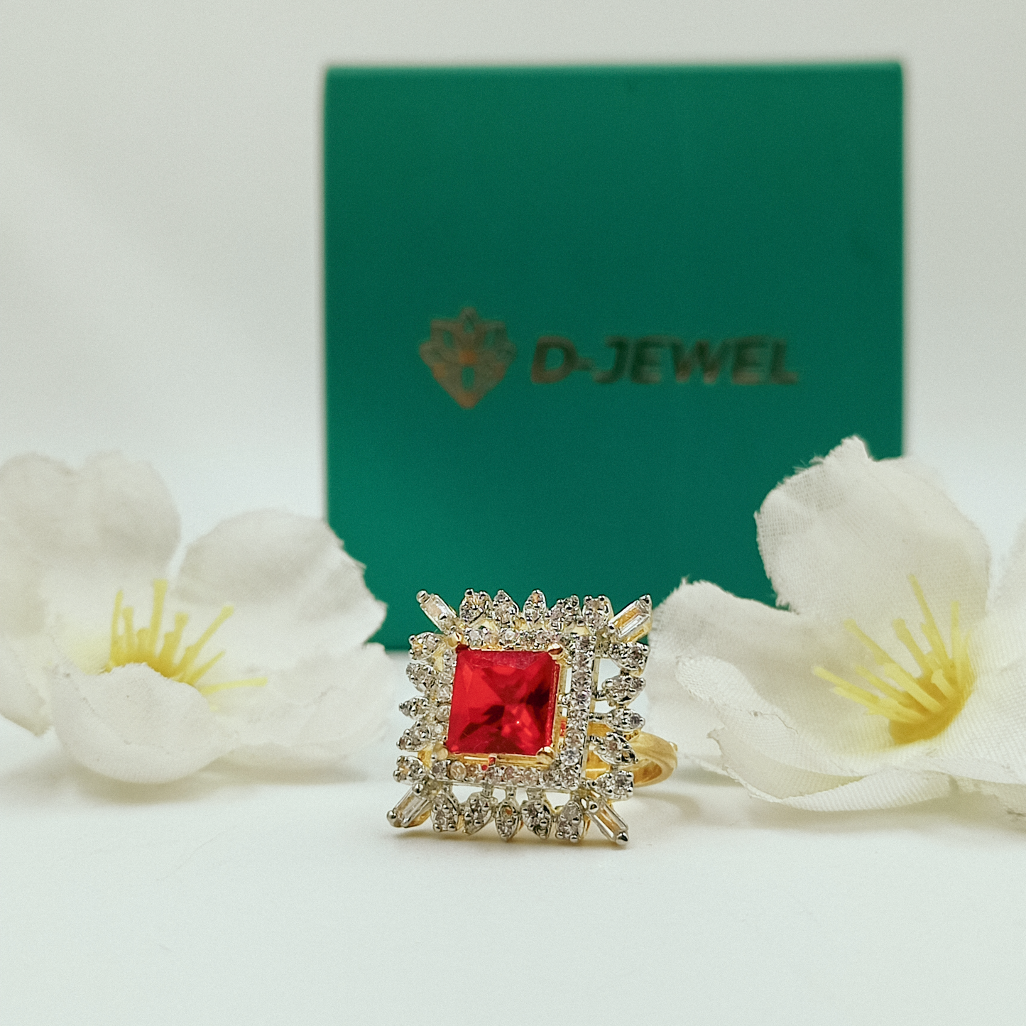 Square Cut Red Halo Cocktail Ring