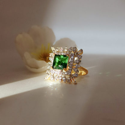 Square Green Halo Cocktail Ring
