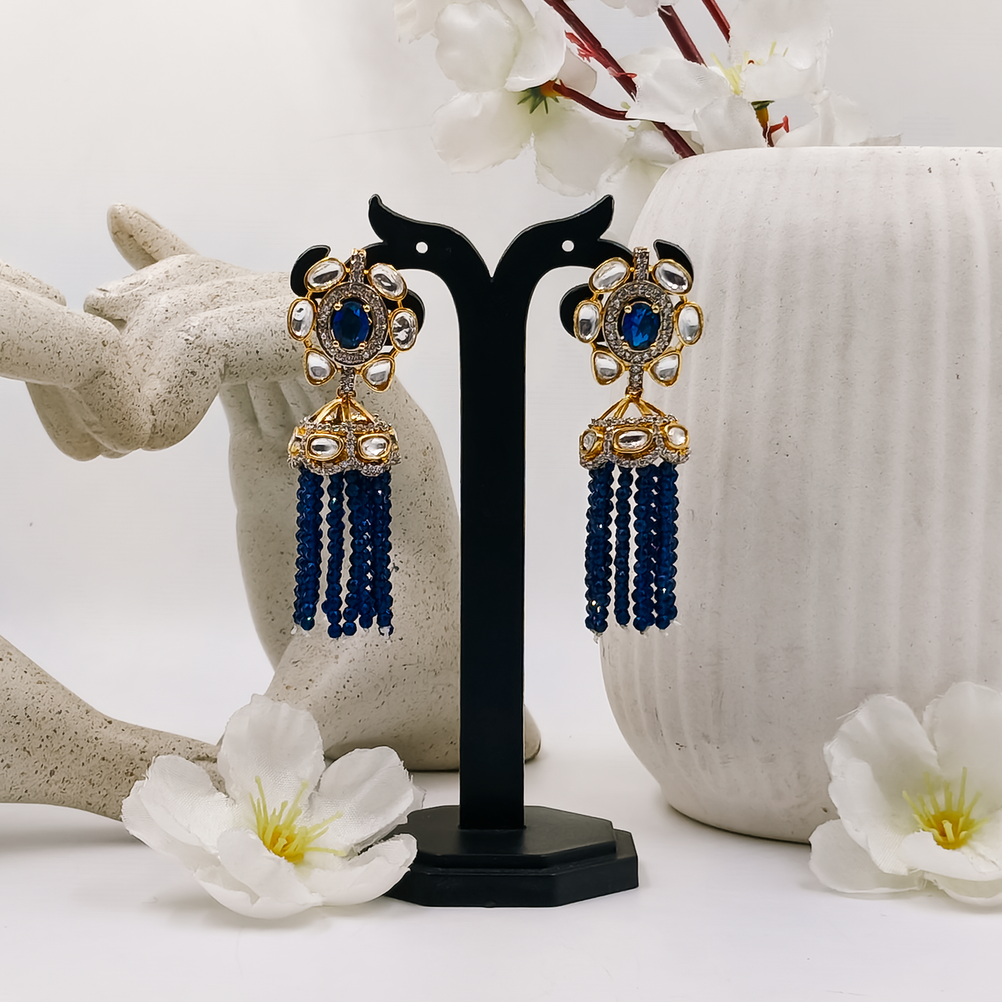 Royal Blue Kundan Earrings with Blue Crystal Tassels