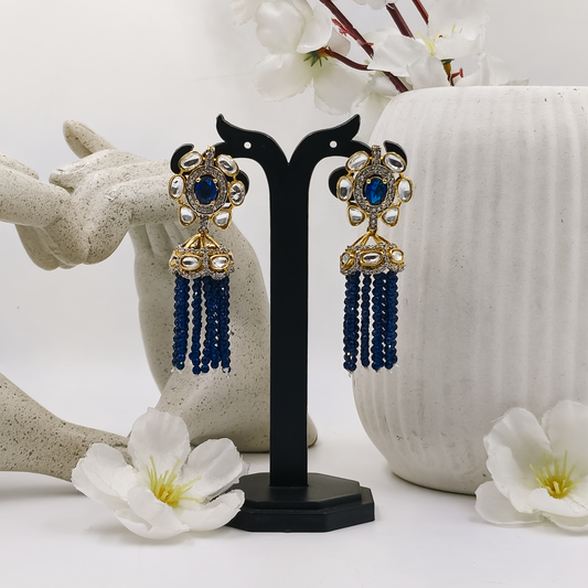 Royal Blue Kundan Tassel Jhumka Earrings Gold Plated