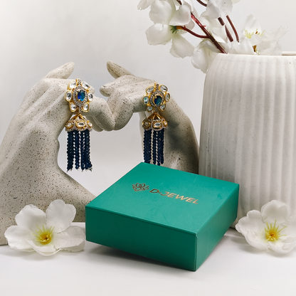 Royal Blue Kundan Tassel Jhumka Earrings Gold Plated