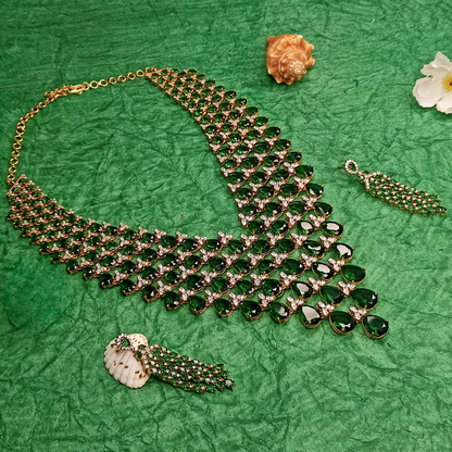 Green Pear Stone Long Necklace Set with Drop Earrings