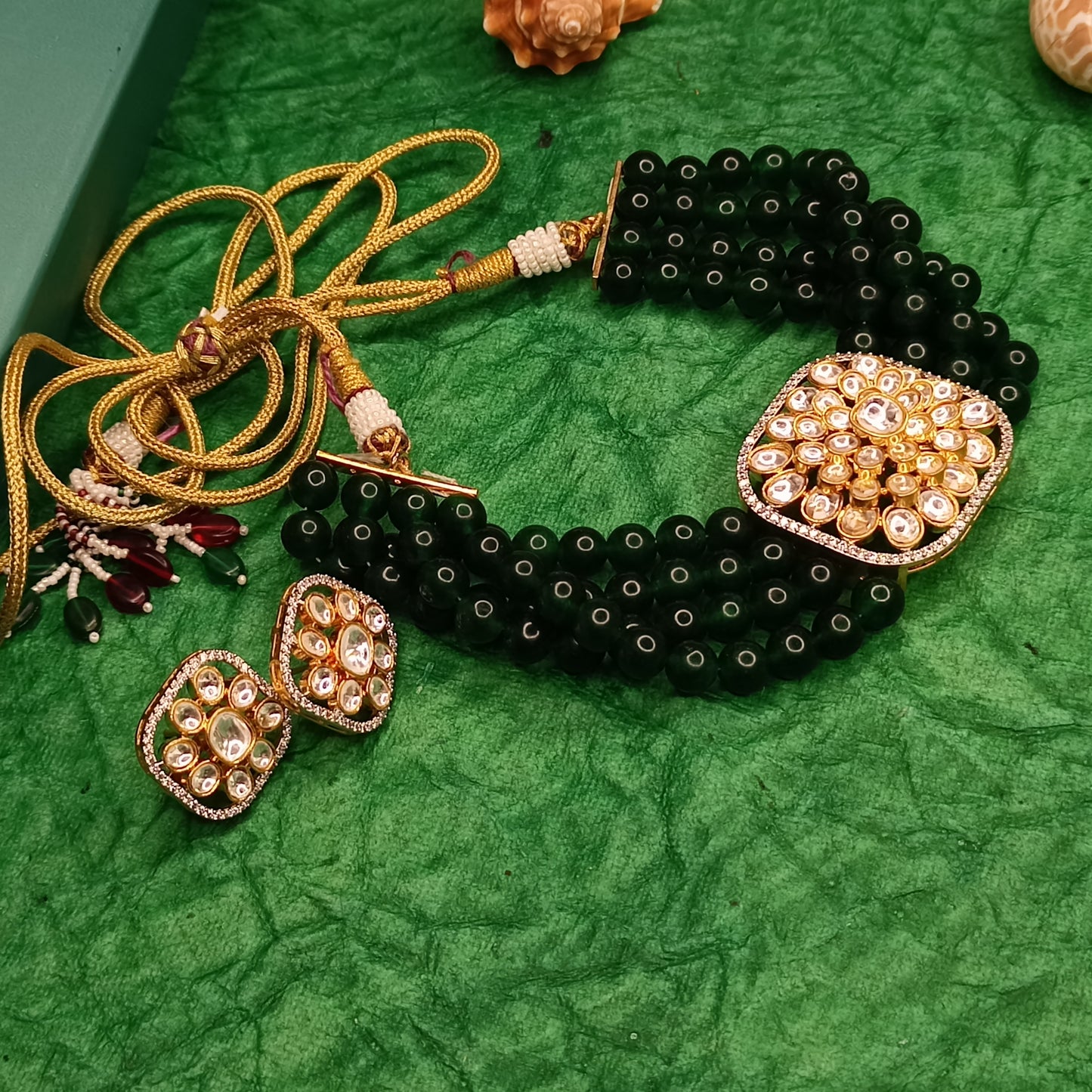 Green Beaded Kundan Choker Necklace Set with Stud Earrings